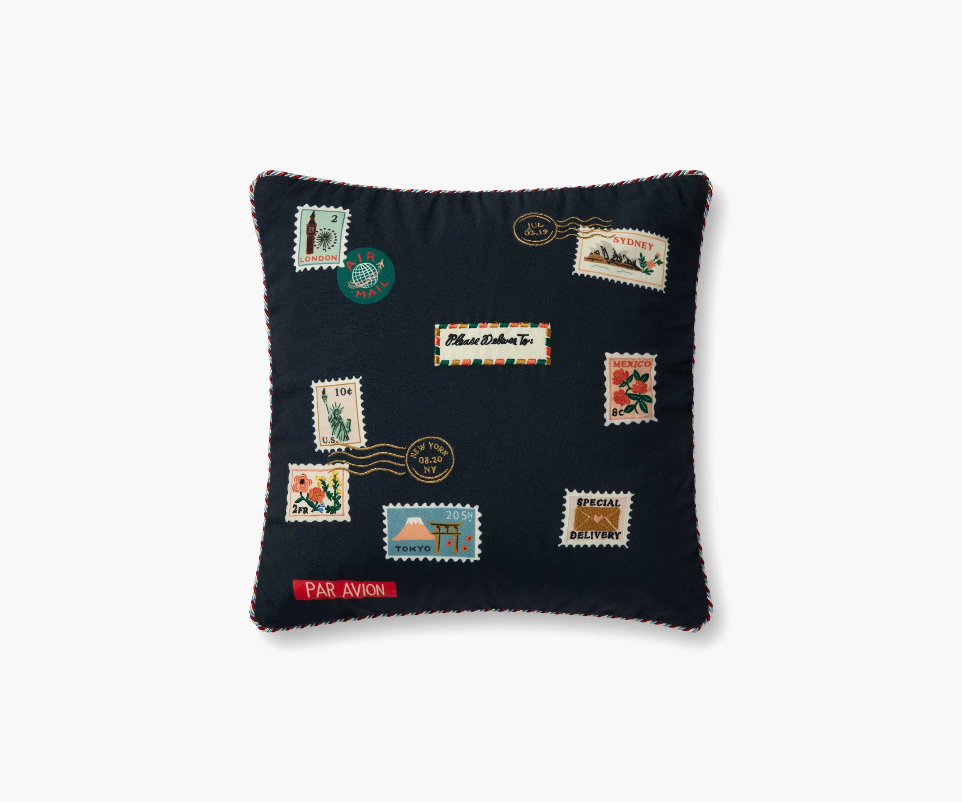 Postage Stamps Embroidered Pillow - Navy