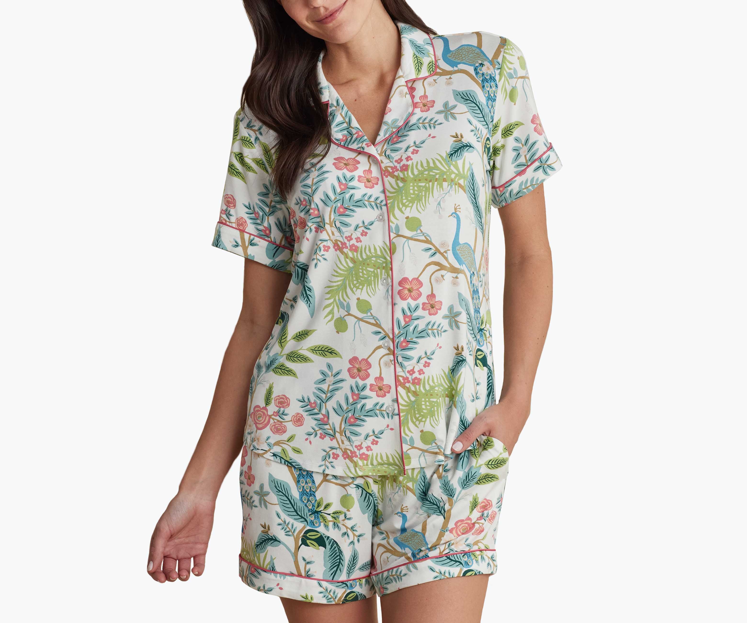 Tencel Modal Button Front Short Set - Peacock Ivory