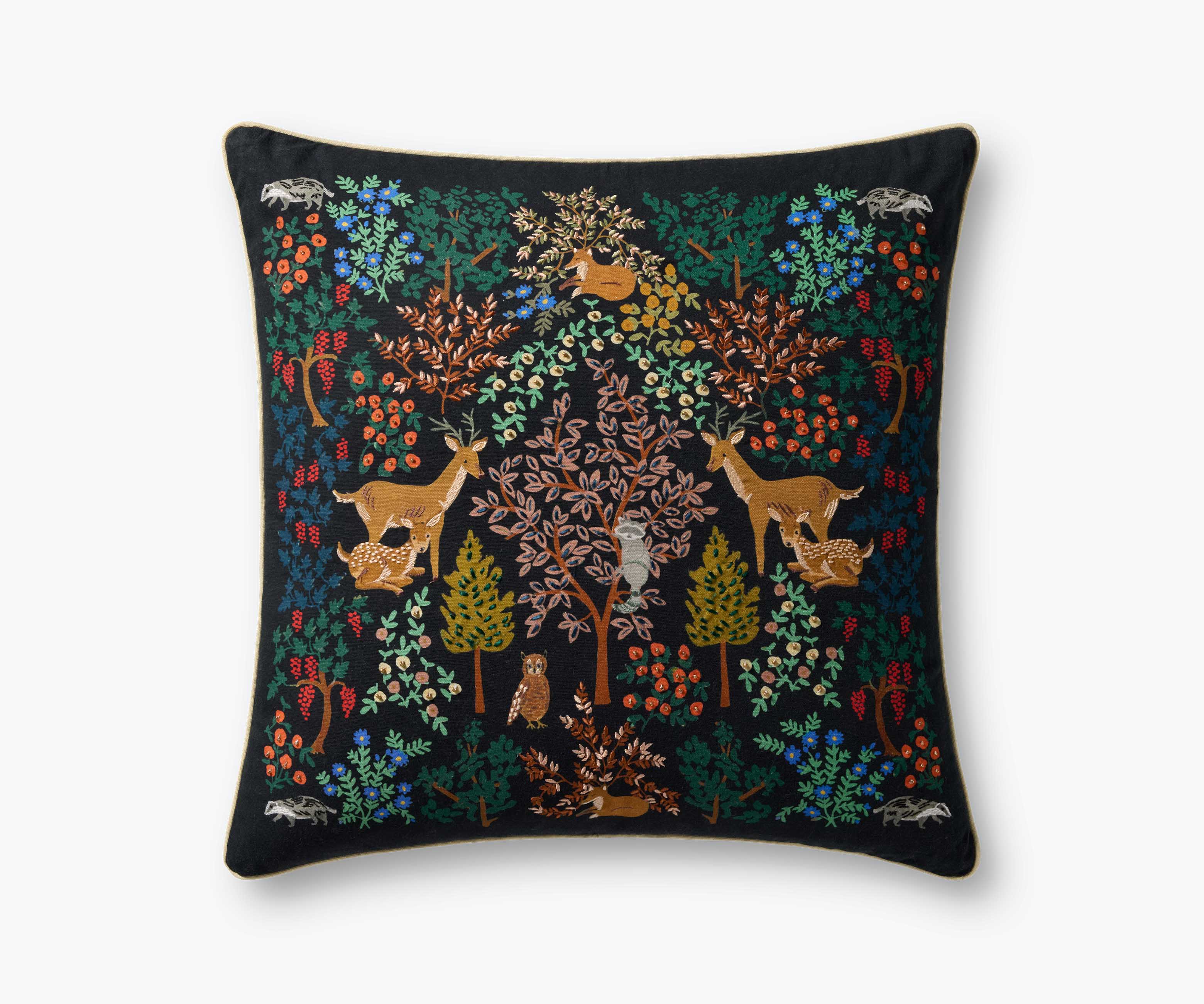 Woodland Forest Embroidered Pillow - Charcoal