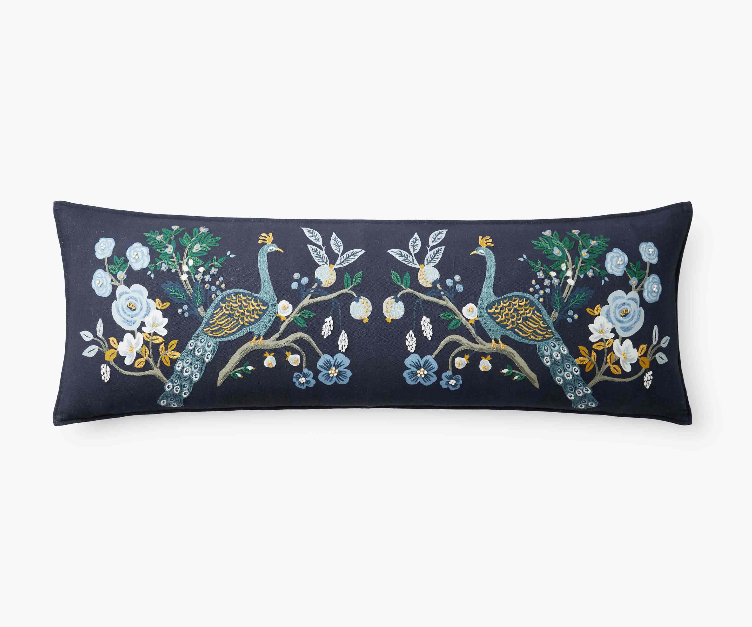 Embroidered Lumbar Pillow Cover - Peacock